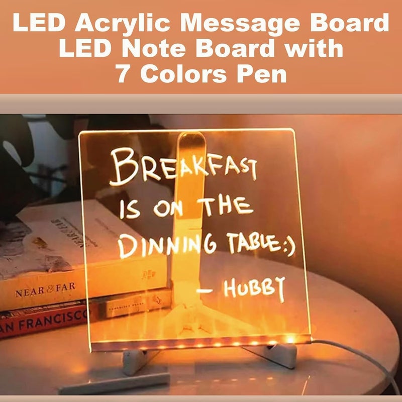RWSEFK LED Note Board with Colors, Lighted Acrylic Dry Erase Board, Acrylic Message Board, Illuminated Note Board with Colors Notepad with Adjustable Stand and 7 Pens (5.9×5.9in) - Image 2